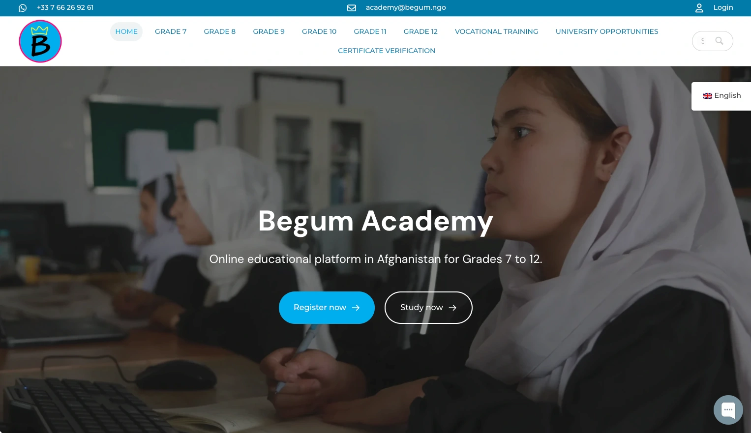 Screenshot of the Begum Academy website