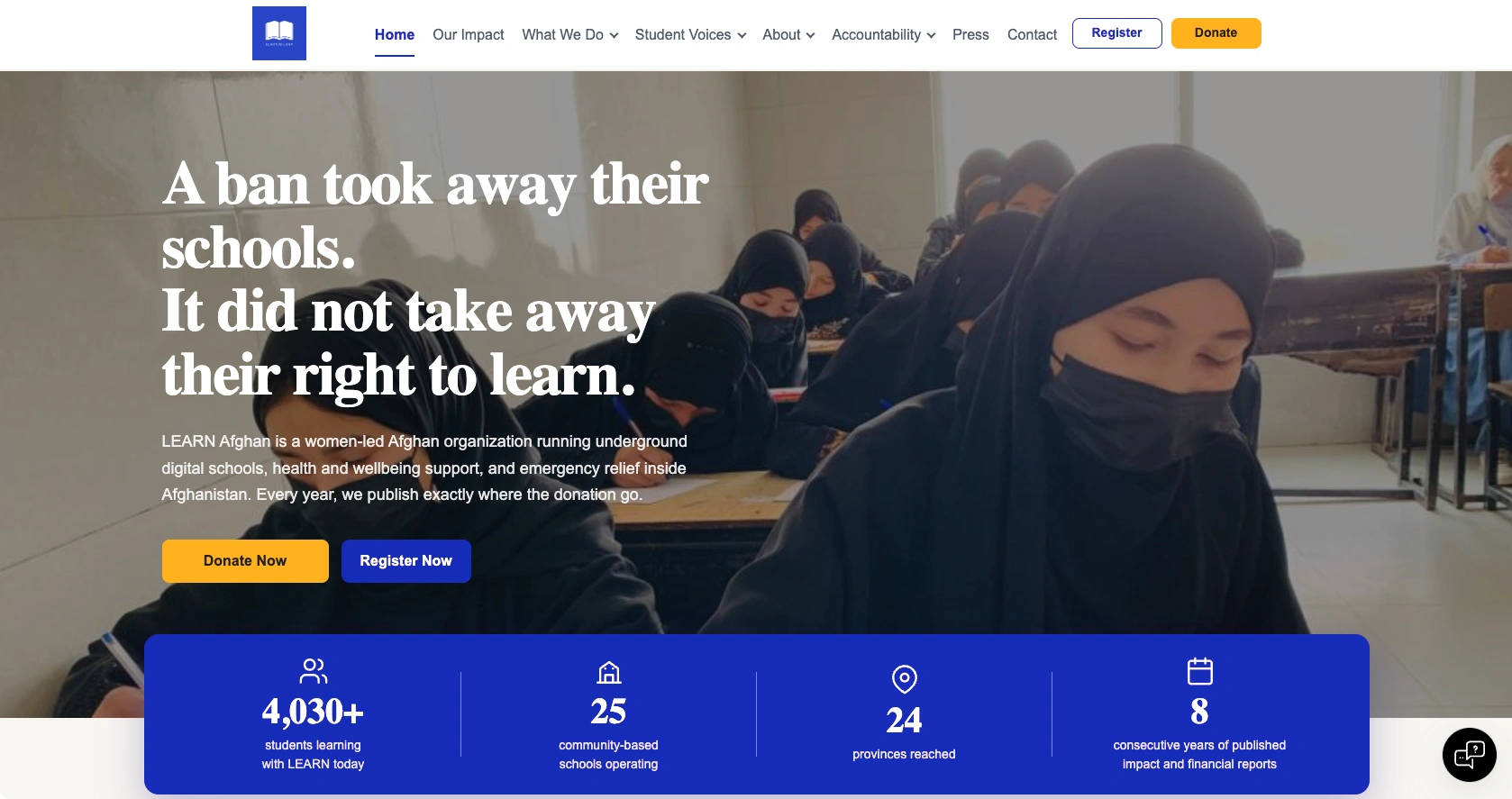 Screenshot of the LEARN Afghanistan website