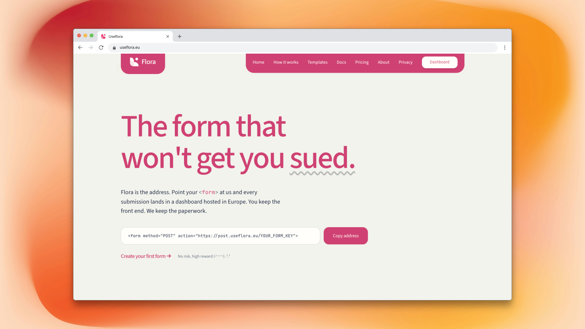 Flora's European form backend website in a browser, framed by warm orange and peach colors
